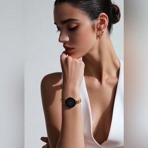Anne Klein Diamond Black Gold Tone Wrist Watch 7”